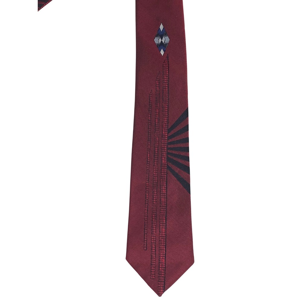 Bonjour Mens Tie Burgundy Geometric Sunburst Style Skinny Art Deco 55x2.75
